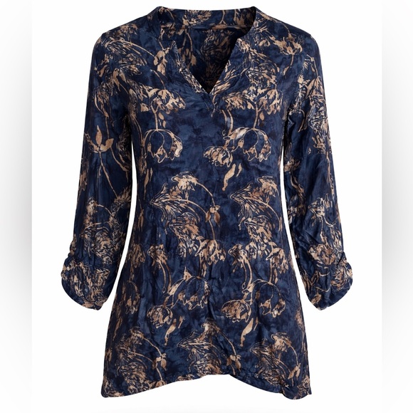Soft Surroundings Tops - Soft Surroundings Blue Floral Print Rayon Blouse Women’s XL Boho Tunic Top